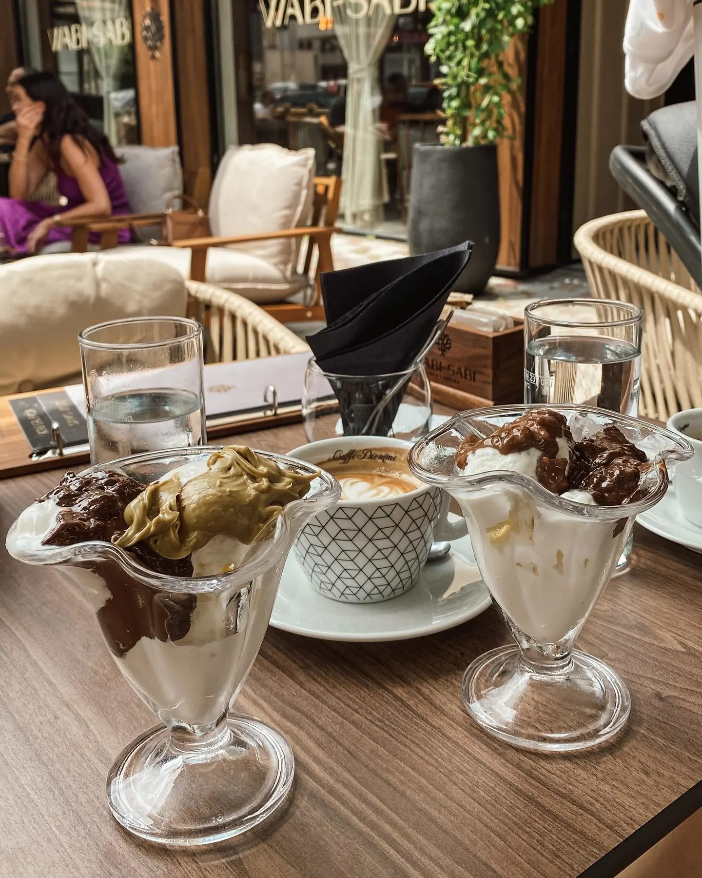 Elegant chocolate ice cream desserts with coffee in geometric cup - afternoon treat
